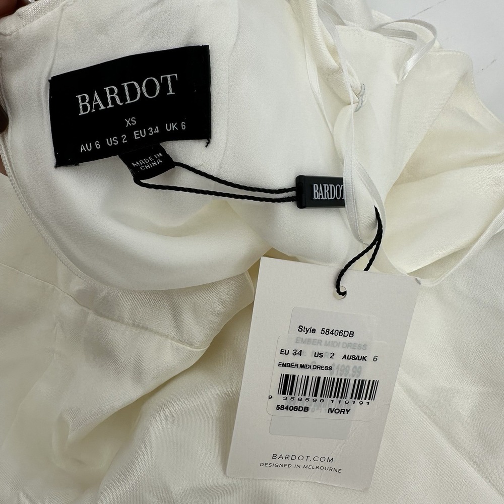 Bardot Ember Midi Dress XS Ivory Satin Slip Asym Ruffle Bridal Coquette NWT - Picture 6 of 16